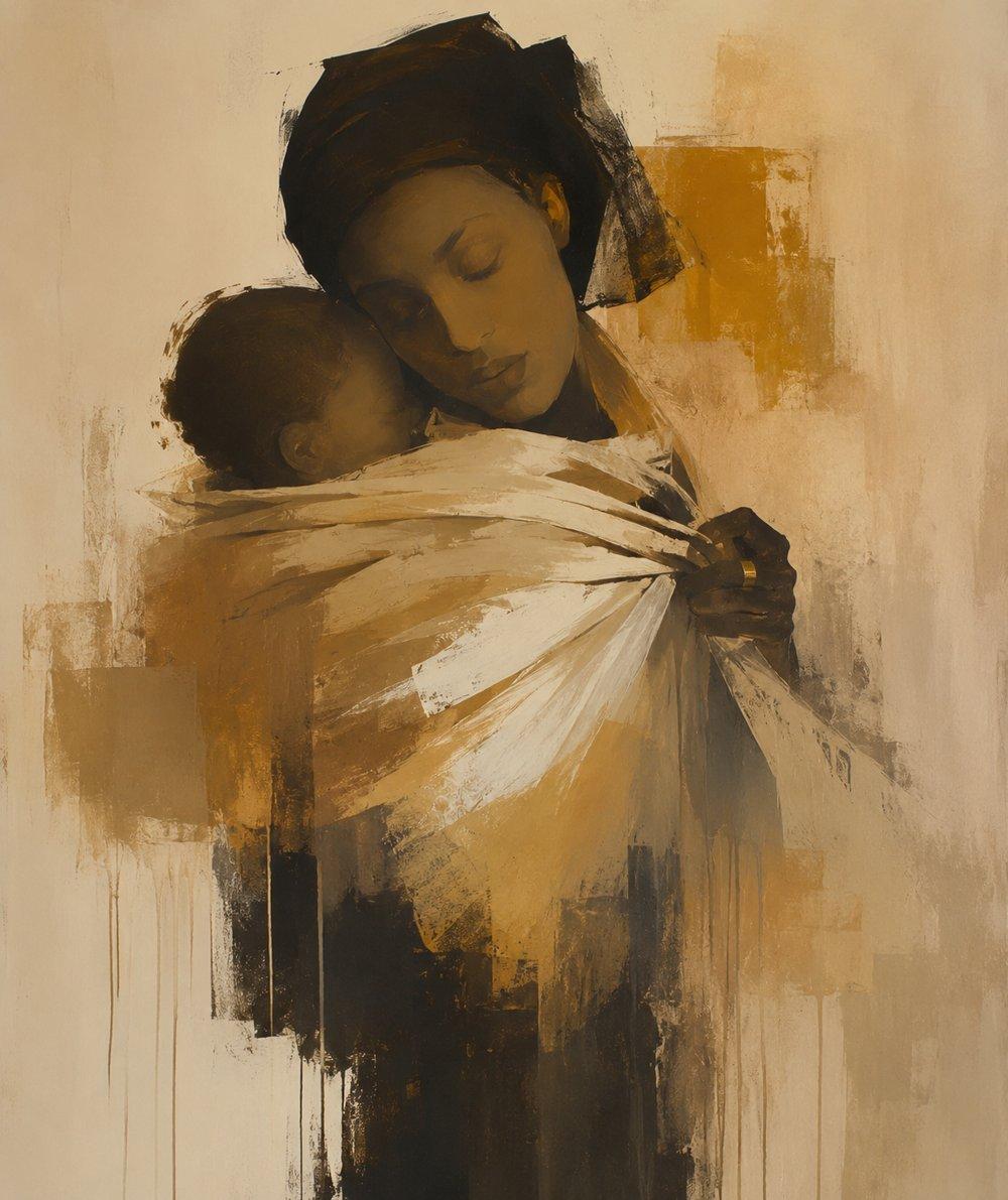 Painting of a mother holding her child wrapped in a white netela